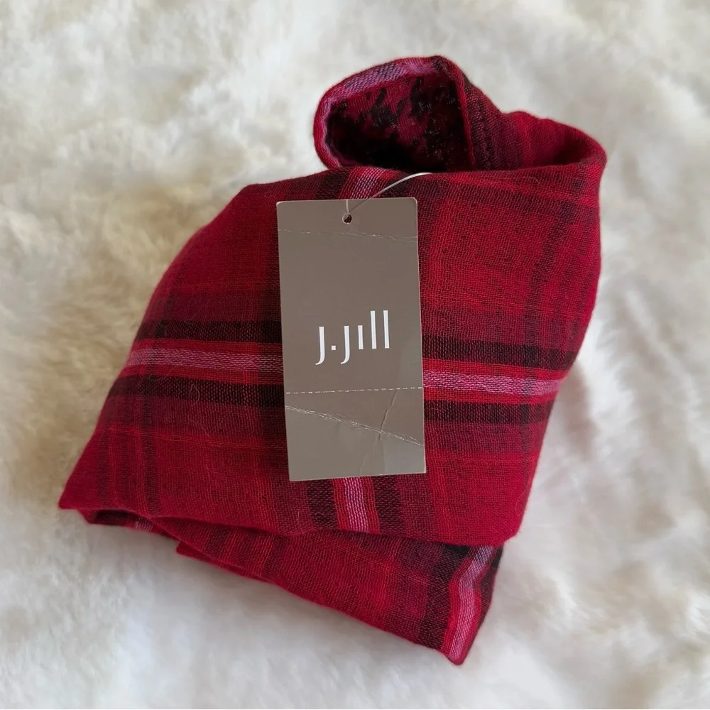 J JILL NWT Double-Face Infinity Scarf Houndstooth Plaid Scarlet Red Black